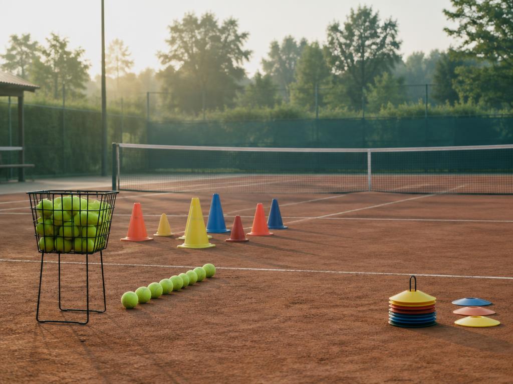 Sandplatz mit Trainingskegeln, Bällen und Markierungen für ein Tenniscamp