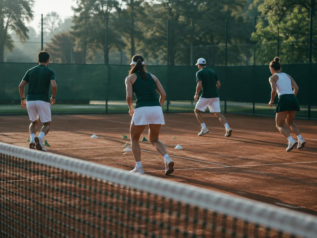 Erwachsene Spielerinnen und Spieler im Gruppentraining auf einem Sandplatz
