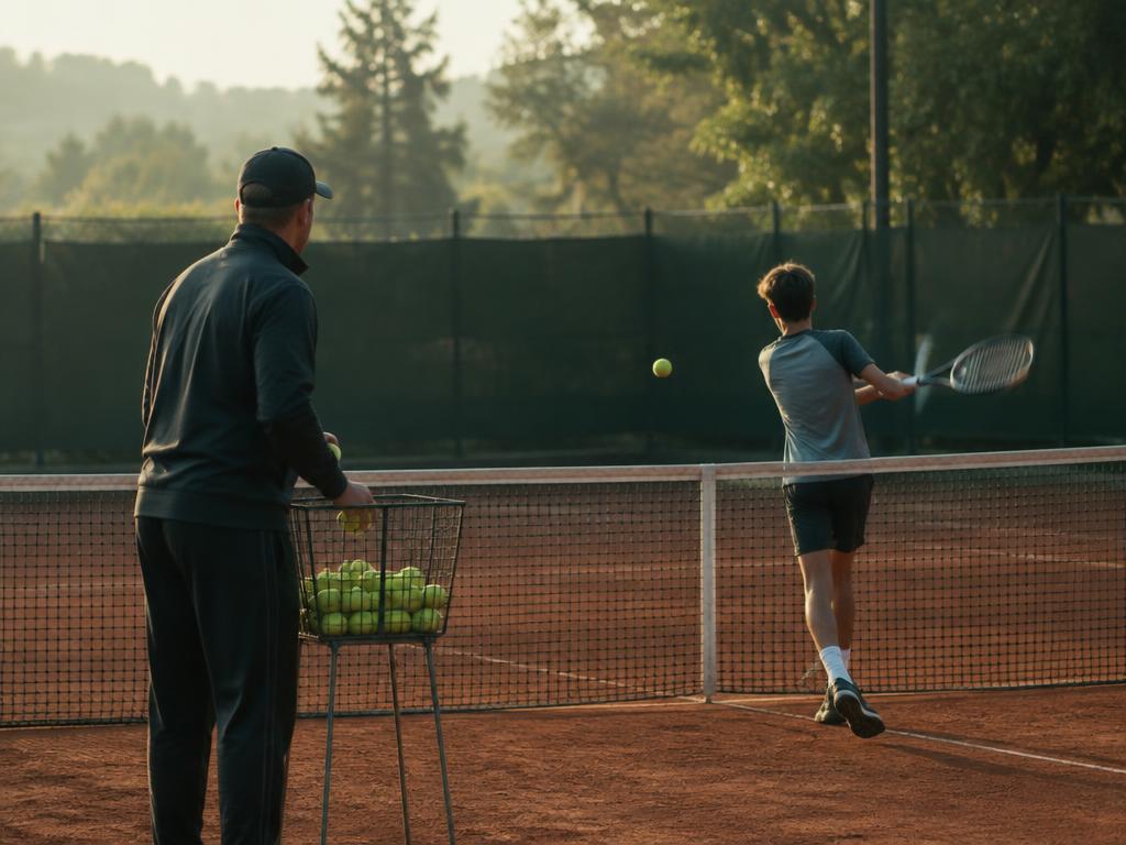 Trainer füttert Bälle für eine junge Spielerin an der Sandplatzbande
