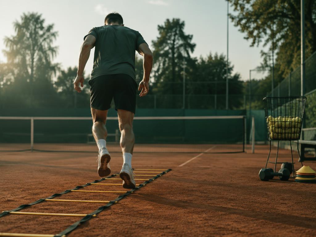 Spieler im Fußworkout-Drill auf einem Sandplatz