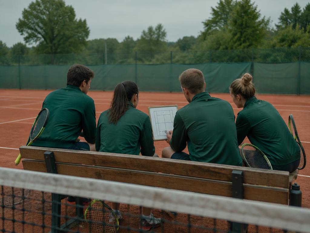 Tennismannschaft an der Bank mit Taktiktafel